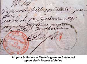 ‘Vu pour la Suisse et l'Italie’ signed and stamped by the Paris Prefect of Police